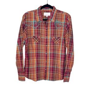 Panhandle Slim Red and Orange Multi Snap Front Western Modern Cowgirl Cotton Top